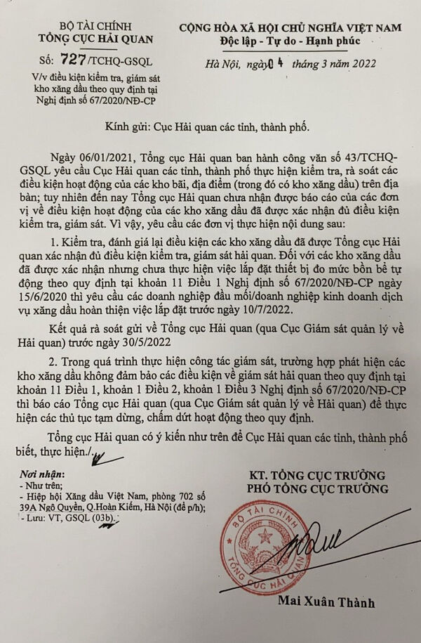 Kho xăng dầu cần “hoàn tất việc lắp đặt các thiết bị đo bồn bể trước ngày 10/07/2022”