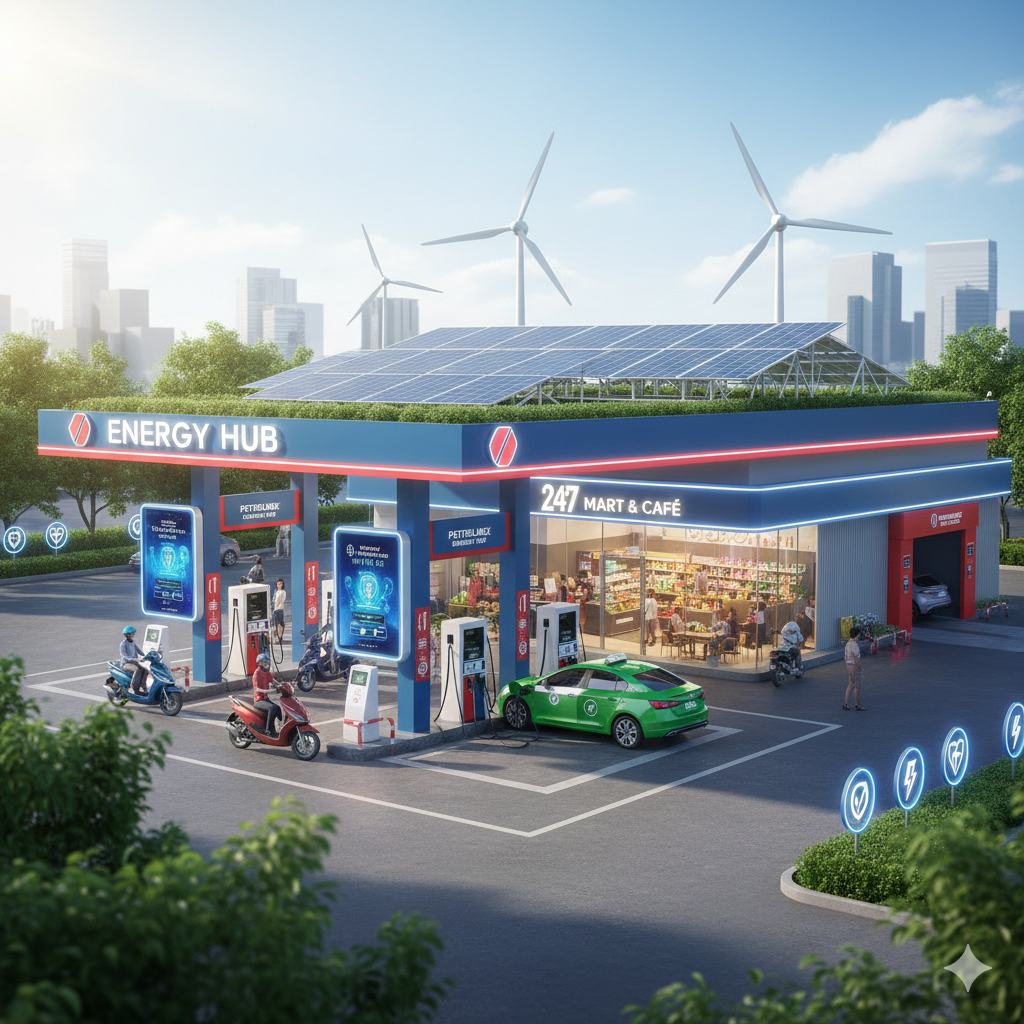 Trạm xăng tích hợp sạc điện - Trạm dịch vụ đa năng